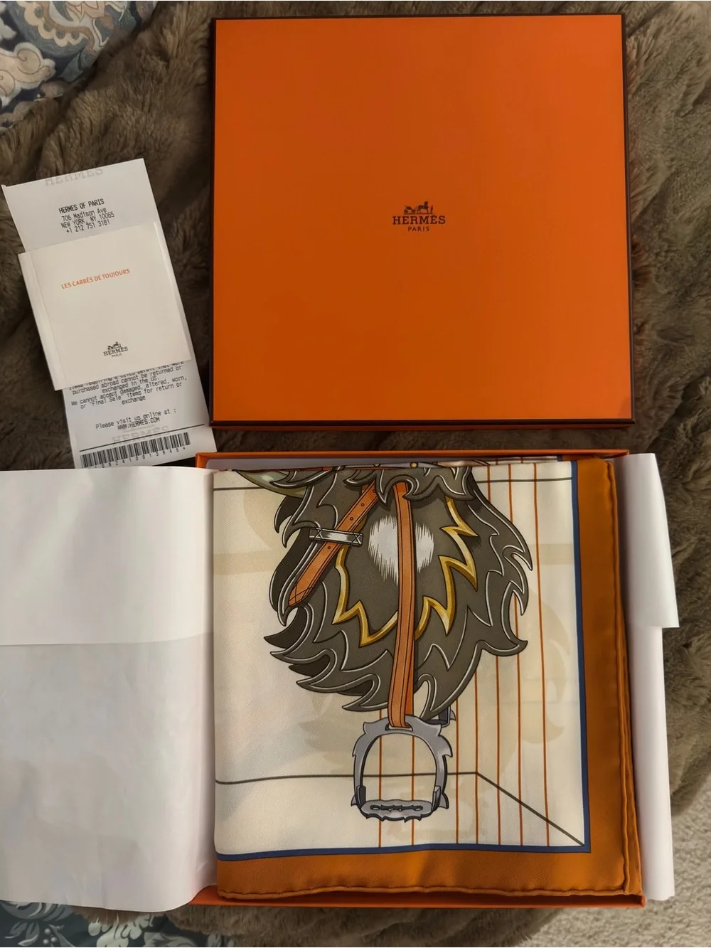 Hermes 90cm Tous En Selle - Cream & Orange Scarf